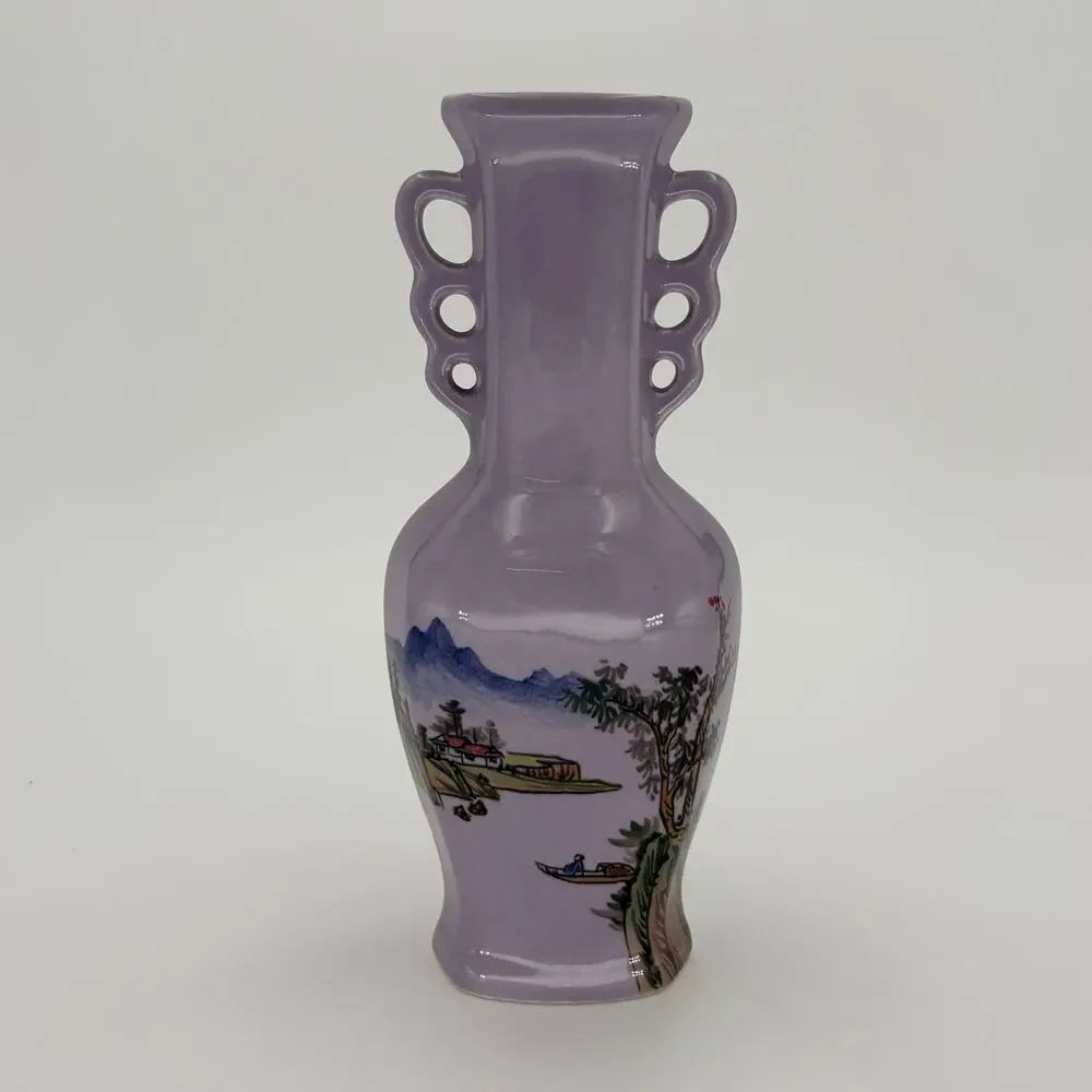 Vintage Chinese Lavender Porcelain Landscape Vase 4-Hole Looped Handles